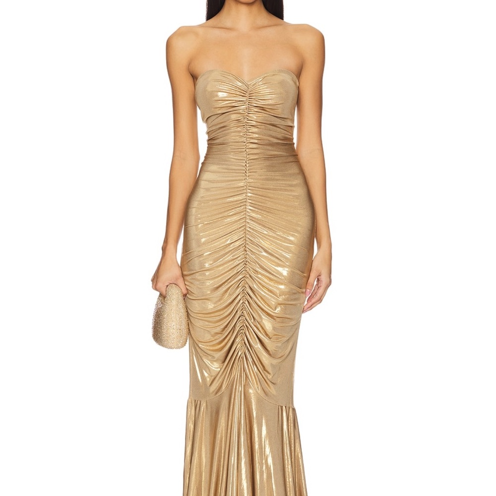 Norma Kamali strapless shirred front fishtail gown